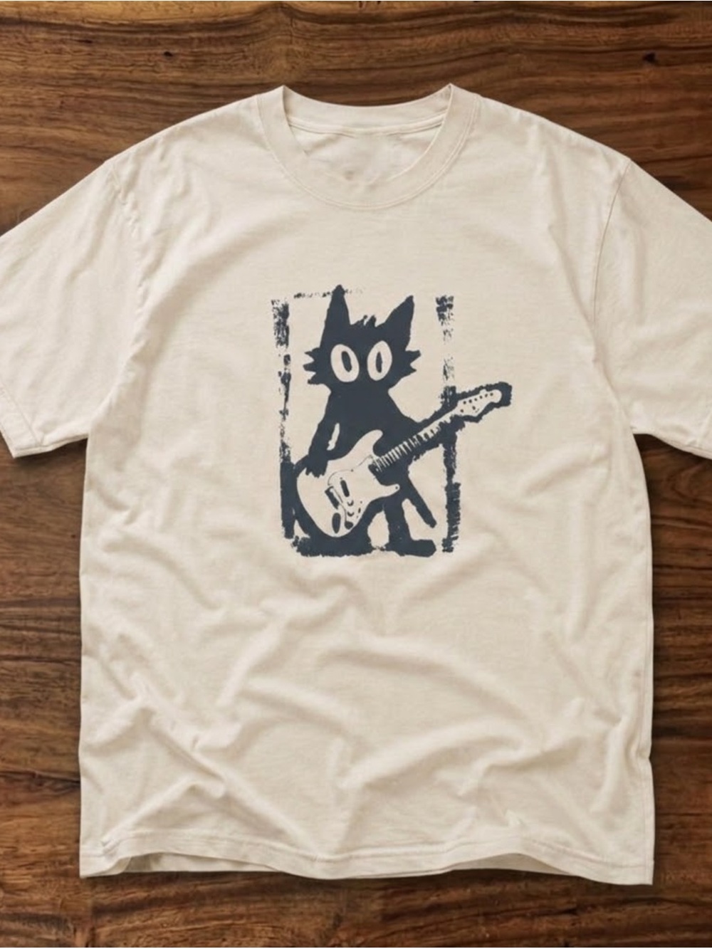 Gildan Cream Graphic Tee with Navy Cat and Guitar